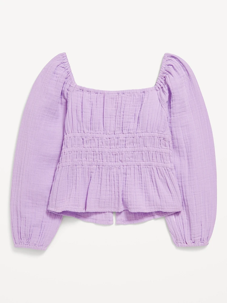 Long-Sleeve Double-Weave Bow Top for Girls