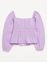 Long-Sleeve Double-Weave Bow Top for Girls