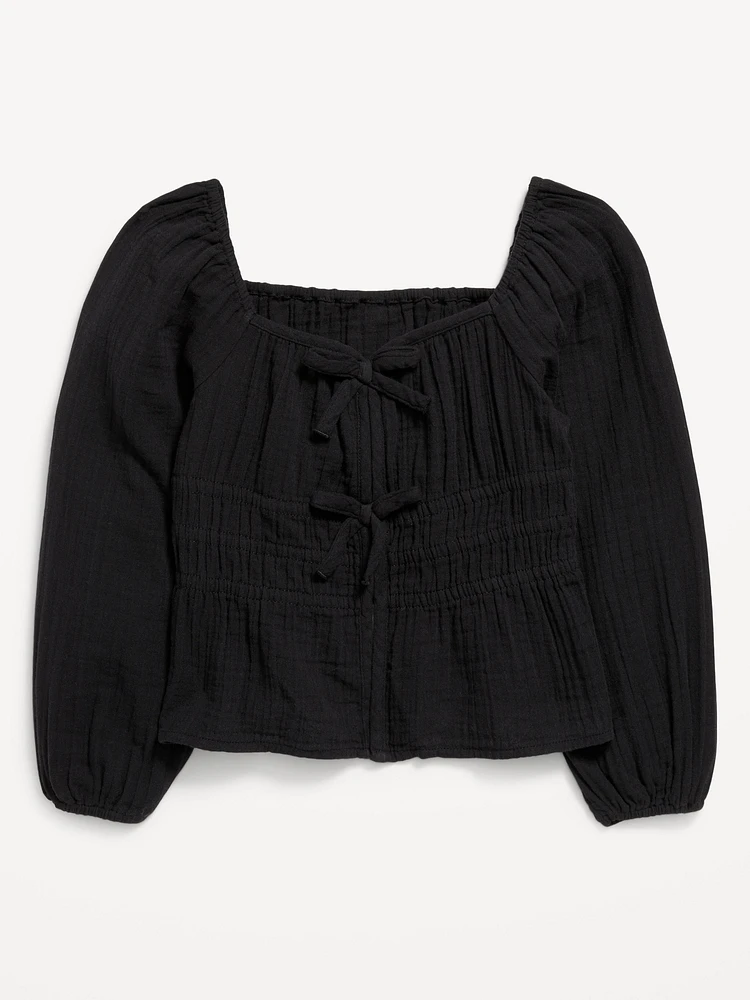 Long-Sleeve Double-Weave Bow Top for Girls