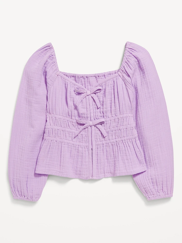 Long-Sleeve Double-Weave Bow Top for Girls