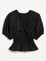 Puff-Sleeve Satin Peplum Top