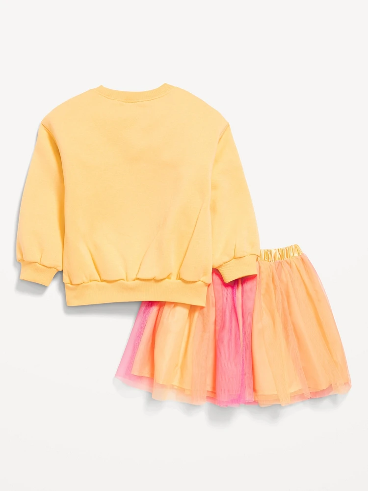 Crew-Neck Graphic Sweatshirt and Tulle Skirt Set for Toddler Girls