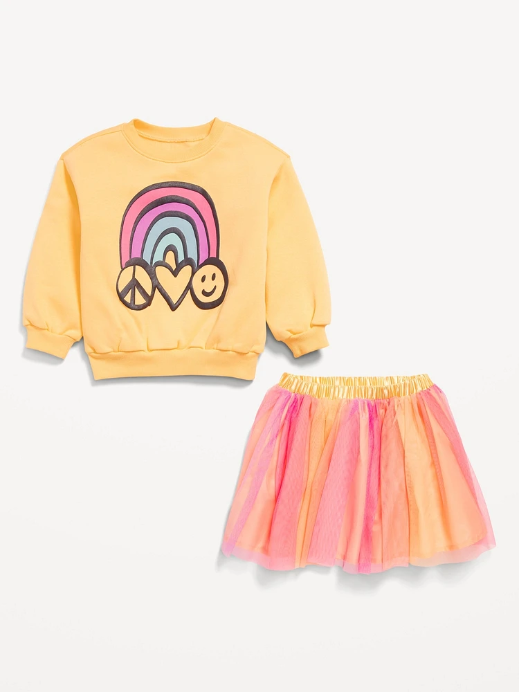 Crew-Neck Graphic Sweatshirt and Tulle Skirt Set for Toddler Girls