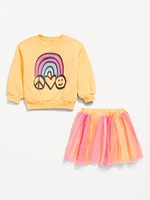 Crew-Neck Graphic Sweatshirt and Tulle Skirt Set for Toddler Girls