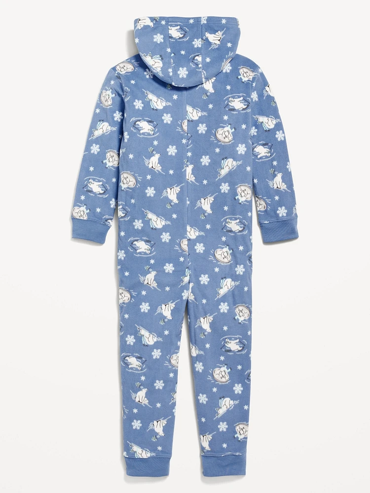 Printed Gender-Neutral Microfleece Hooded One-Piece Pajamas for Kids