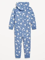 Printed Gender-Neutral Microfleece Hooded One-Piece Pajamas for Kids