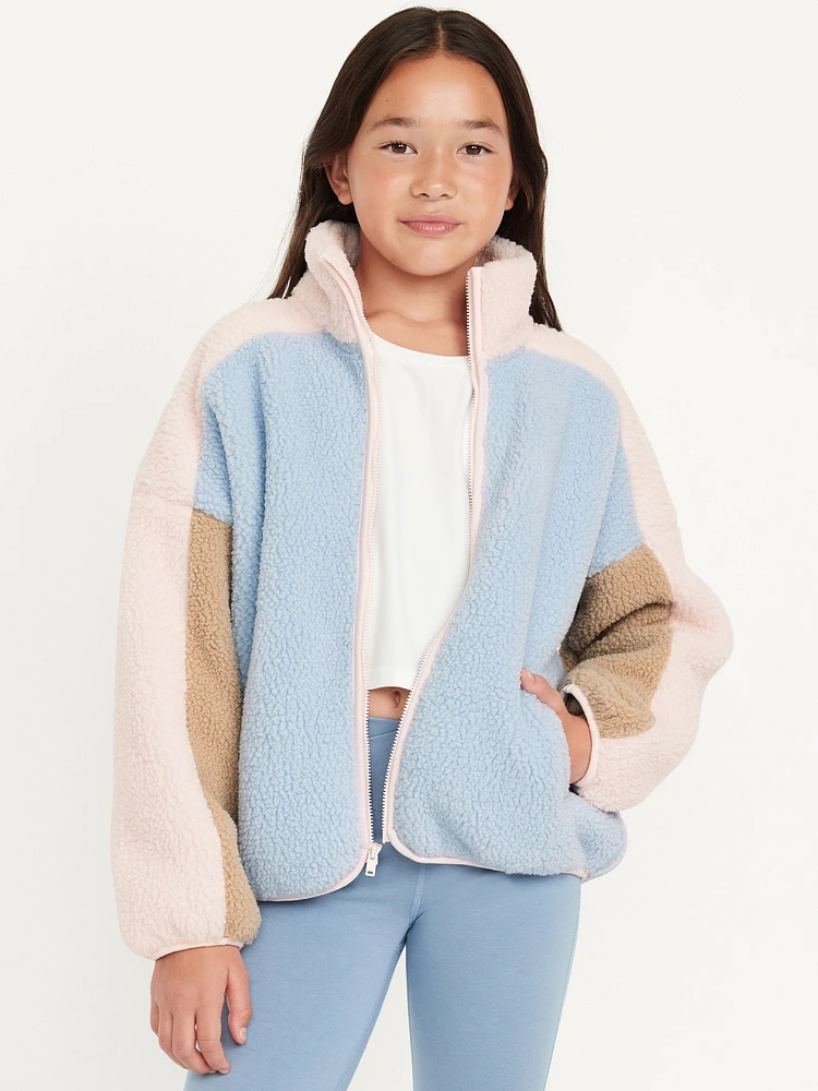 Oversized Color-Block Sherpa Zip Jacket for Girls