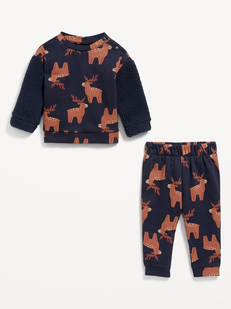 Printed Sherpa-Sleeve Sweatshirt and Sweatpants Set for Baby