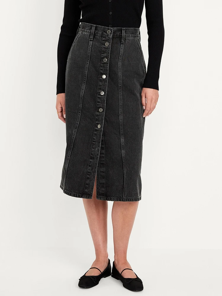 High-Waisted Button-Front Jean Midi Skirt