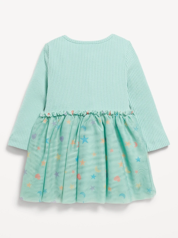 Printed Long-Sleeve Ribbed Tutu Dress for Baby