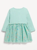 Printed Long-Sleeve Ribbed Tutu Dress for Baby