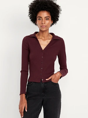 Slim Ribbed Button-Down Top