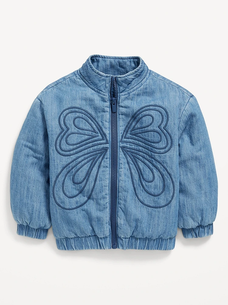 Zip-Front Embroidered Jean Bomber Jacket for Toddler Girls