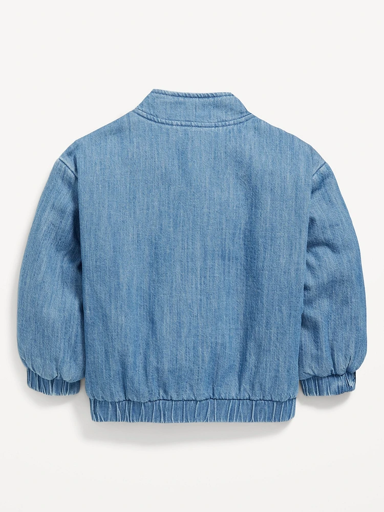 Zip-Front Embroidered Jean Bomber Jacket for Toddler Girls