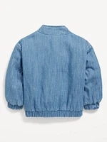 Zip-Front Embroidered Jean Bomber Jacket for Toddler Girls