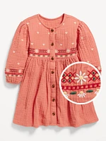 Double-Weave Embroidered Shirt Dress for Toddler Girls