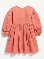 Double-Weave Embroidered Shirt Dress for Toddler Girls