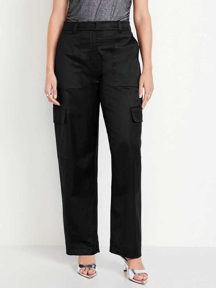 Extra-High Waisted Satin Cargo Barrel Wide-Leg Pants