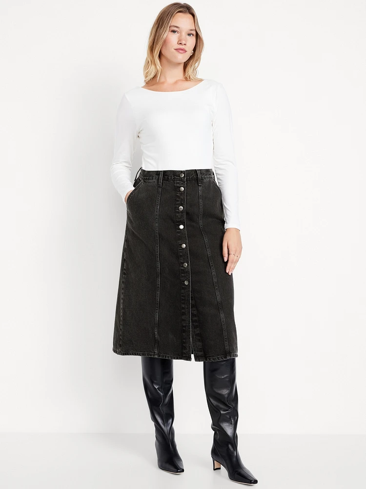 High-Waisted Button-Front Jean Midi Skirt