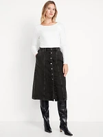 High-Waisted Button-Front Jean Midi Skirt