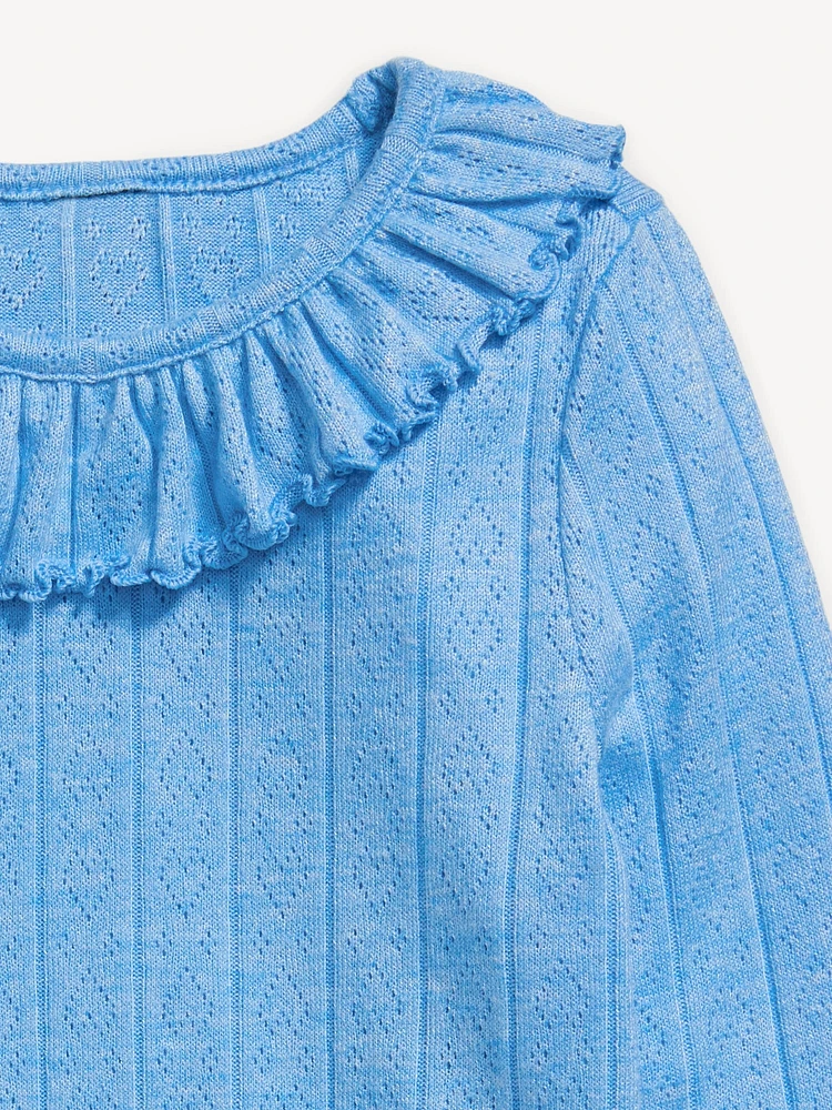 Long-Sleeve Ruffle-Trim Pointelle-Knit Top for Toddler Girls