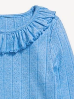 Long-Sleeve Ruffle-Trim Pointelle-Knit Top for Toddler Girls