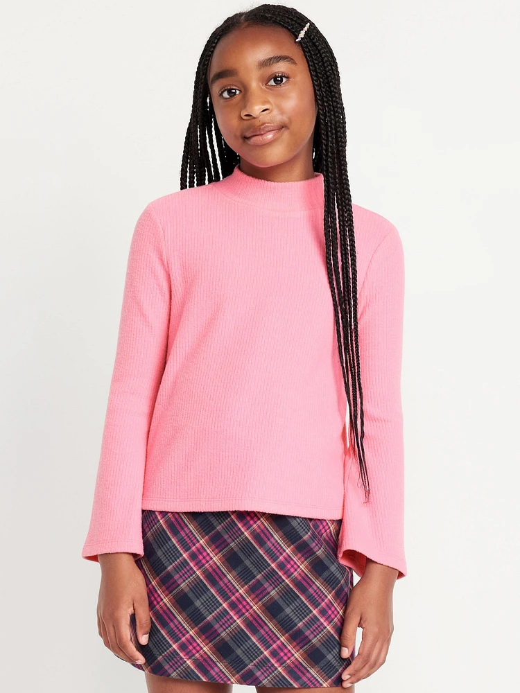 Cozy Mock-Neck Bell-Sleeve Ribbed Top for Girls