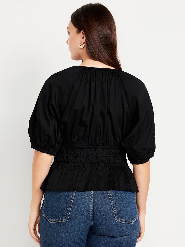 Puff-Sleeve Satin Peplum Top