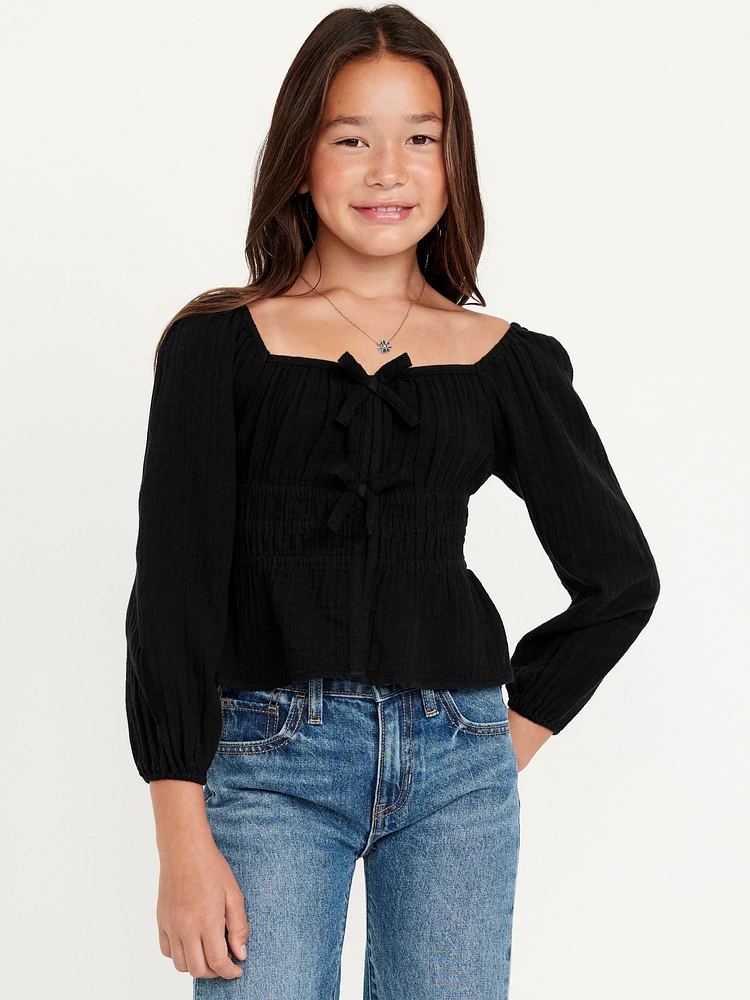 Long-Sleeve Double-Weave Bow Top for Girls