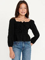 Long-Sleeve Double-Weave Bow Top for Girls