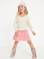 Long-Sleeve Ribbed Wrap-Front Top and Velvet Skirt Set for Toddler Girls