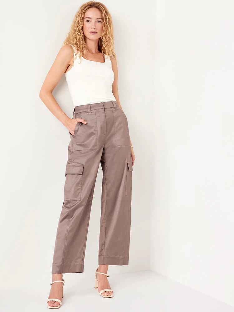 Extra-High Waisted Satin Cargo Barrel Wide-Leg Pants