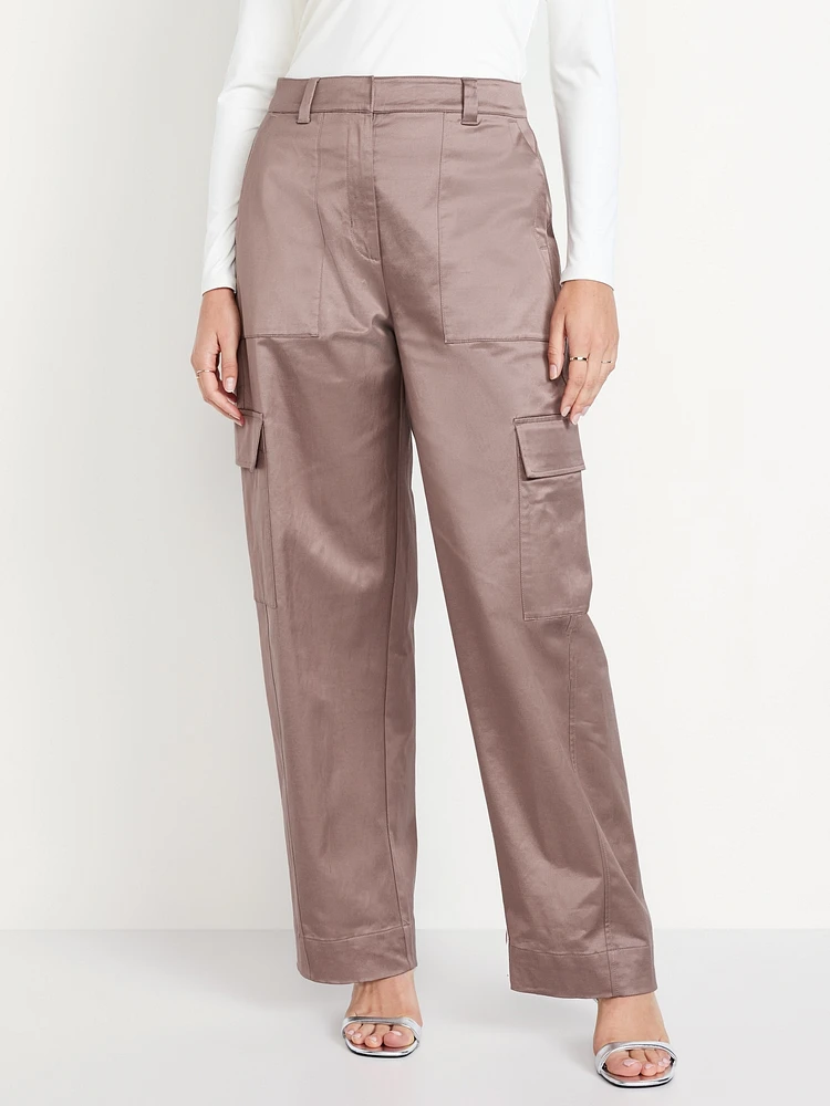 Extra-High Waisted Satin Cargo Barrel Wide-Leg Pants