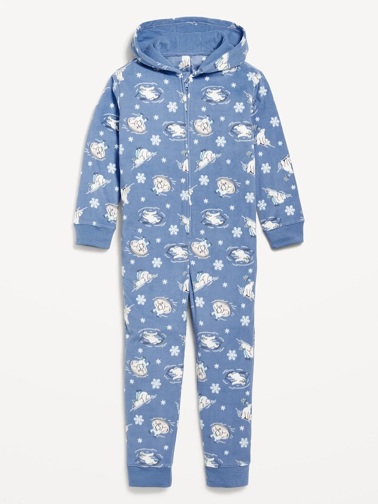 Printed Gender-Neutral Microfleece Hooded One-Piece Pajamas for Kids