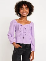 Long-Sleeve Double-Weave Bow Top for Girls