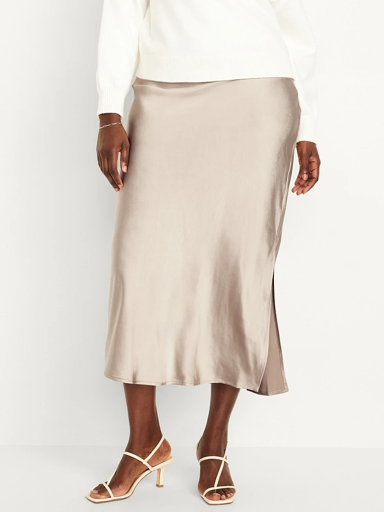 High-Waisted Satin Midi Slip Skirt