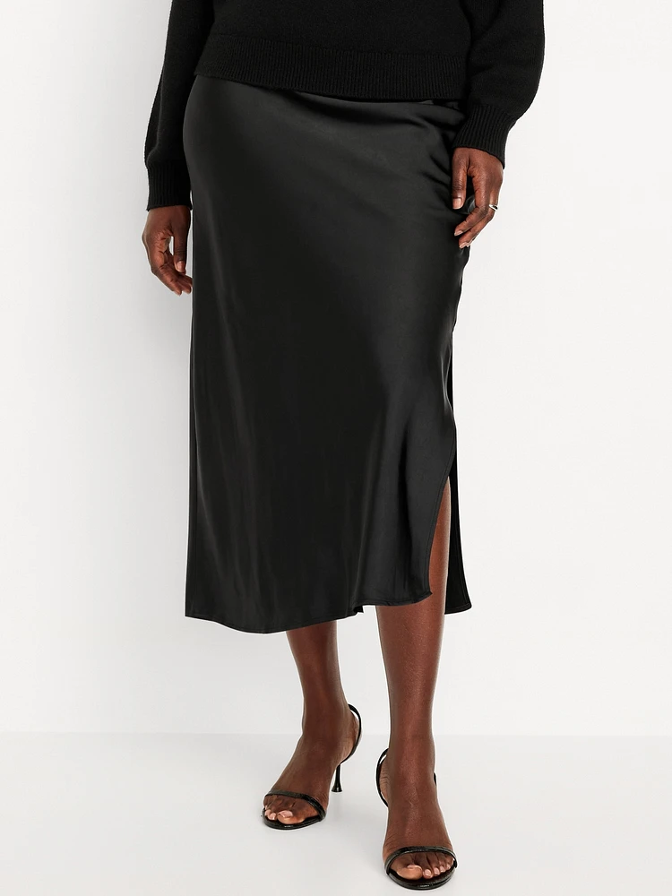 High-Waisted Satin Midi Slip Skirt