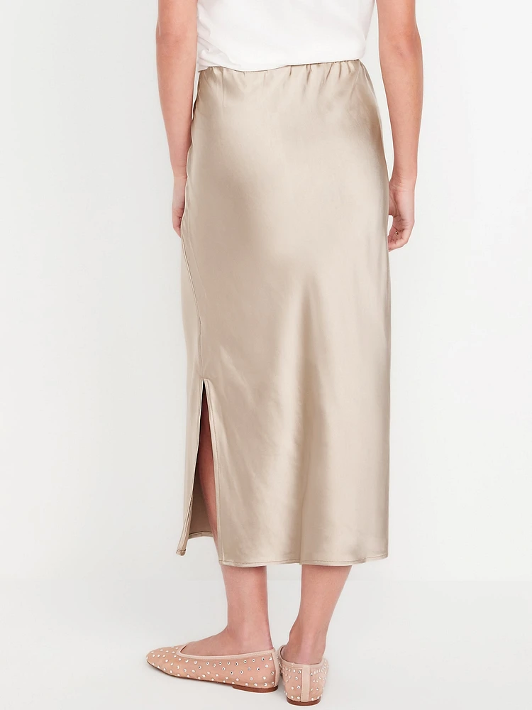 High-Waisted Satin Midi Slip Skirt