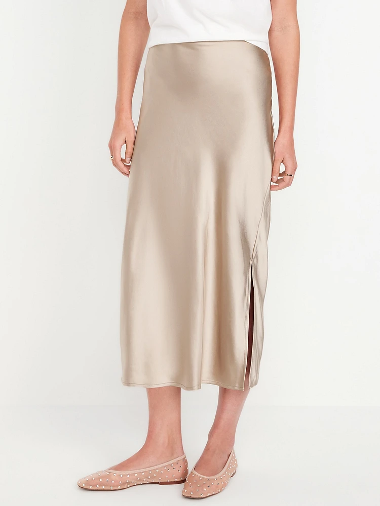 High-Waisted Satin Midi Slip Skirt