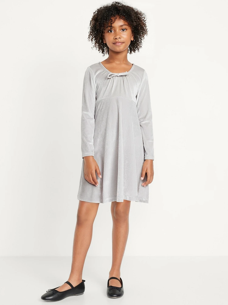 Long-Sleeve Tie-Neck Velvet Swing Dress for Girls