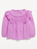 Long-Sleeve Ruffle-Trim Crepe Top for Toddler Girls