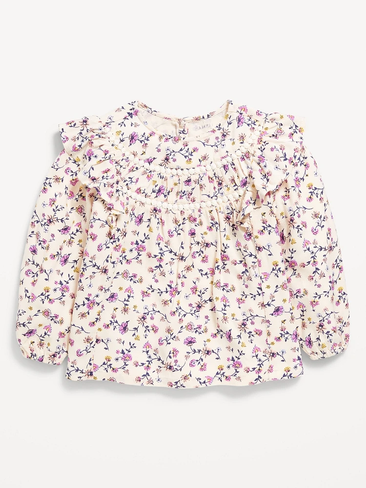 Long-Sleeve Ruffle-Trim Crepe Top for Toddler Girls