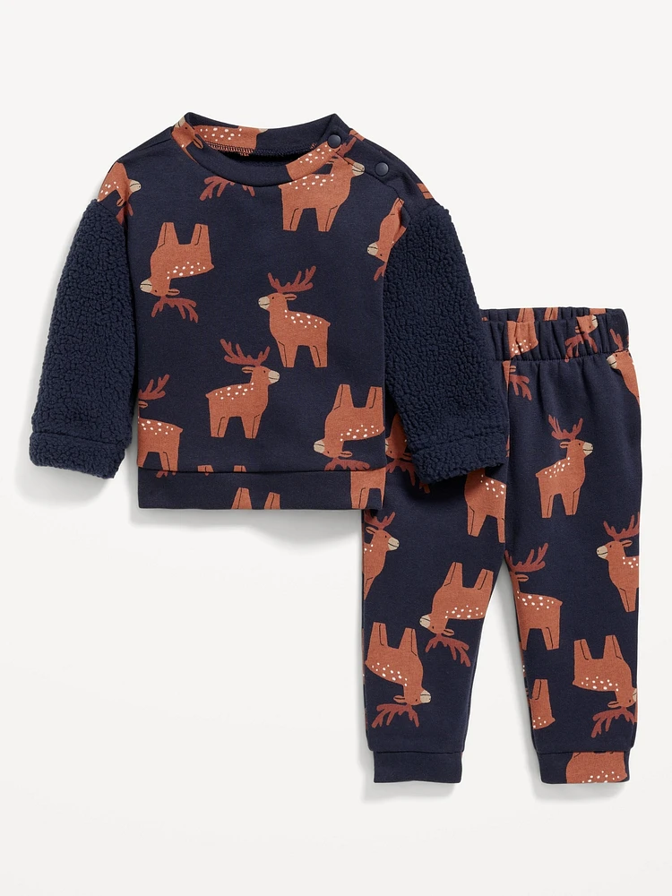 Printed Sherpa-Sleeve Sweatshirt and Sweatpants Set for Baby