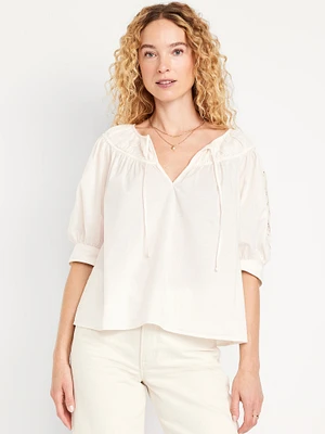 Split-Neck Eyelet-Sleeve Top