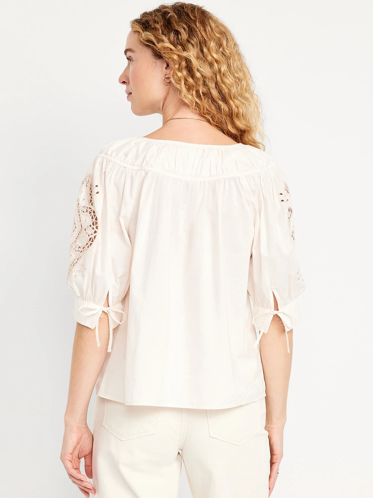 Split-Neck Eyelet-Sleeve Top