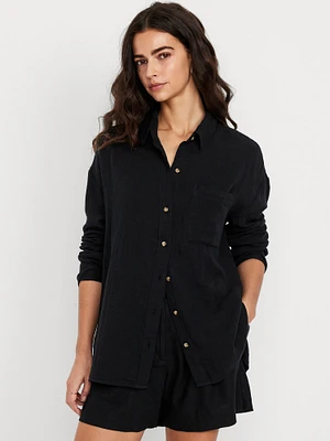 Crinkle Gauze Loose Button-Down Shirt