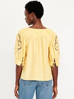 Split-Neck Eyelet-Sleeve Top