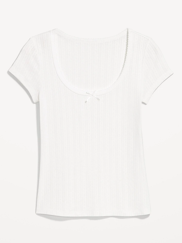 Lace-Trim Ribbed Pointelle T-Shirt