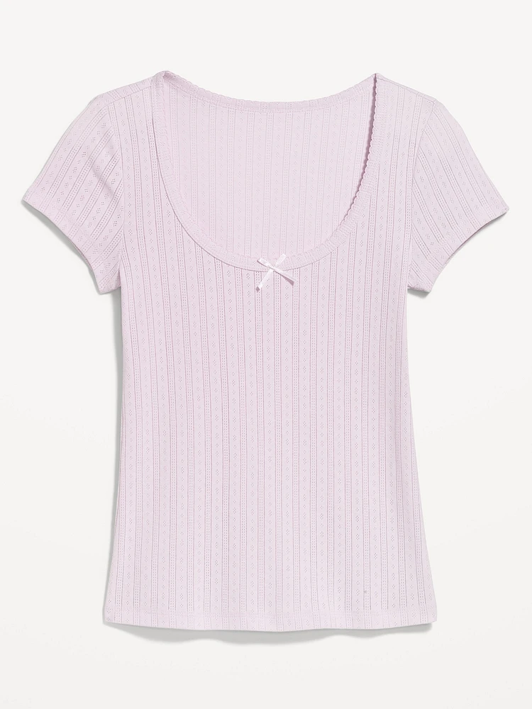 Lace-Trim Ribbed Pointelle T-Shirt