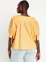 Split-Neck Eyelet-Sleeve Top